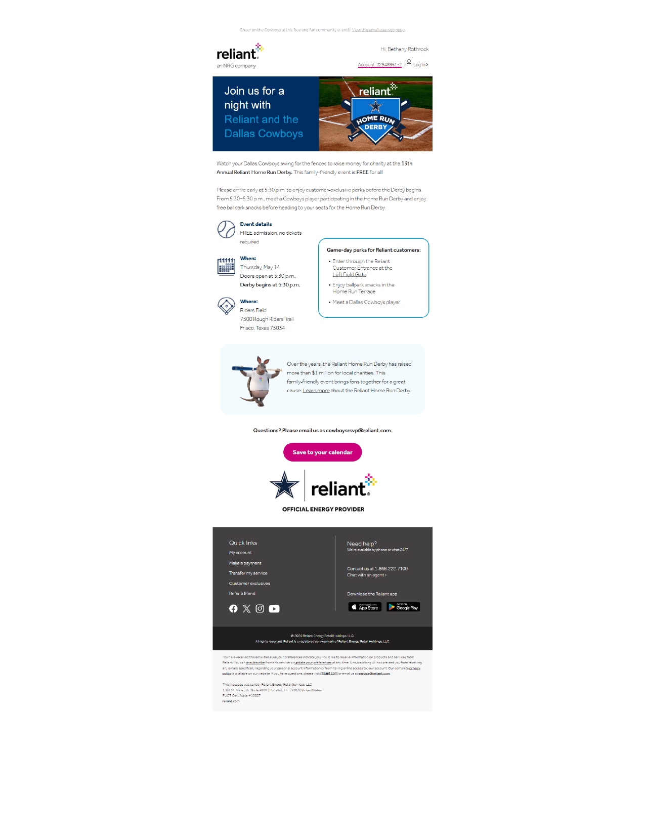 Reliant Home Run Derby event invitation email with the Dallas Cowboys