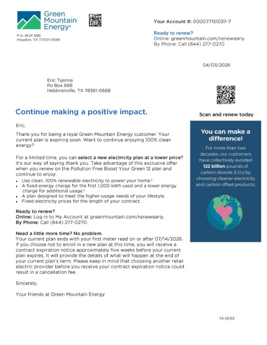 Green Mountain Energy renewal direct mail letter