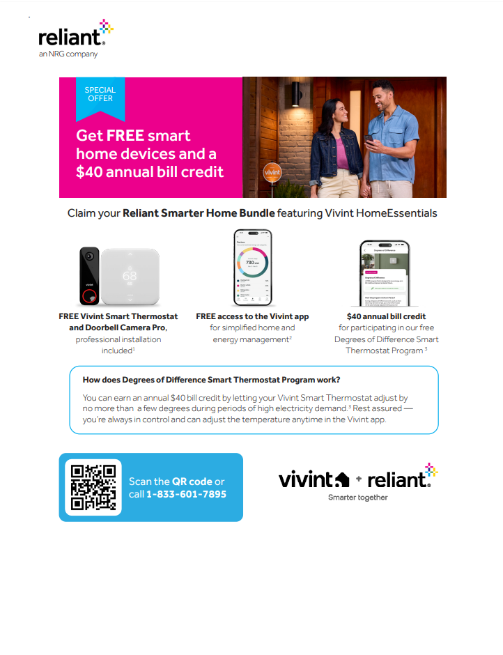 Reliant Smarter Home Bundle test flyer with $40 bill credit