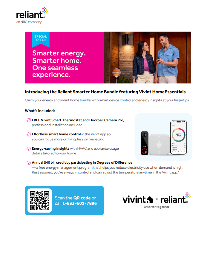Reliant Smarter Home Bundle control flyer
